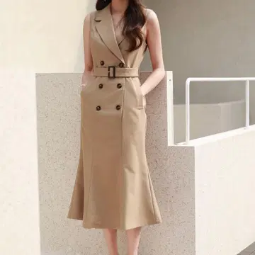 다크 베이지 슬리브리스 롱 원피스 L