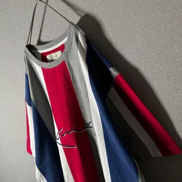 레어 XL 칼카니 센터 로고 자수 굵은 스트라이프 멀티 컬러 T셔츠