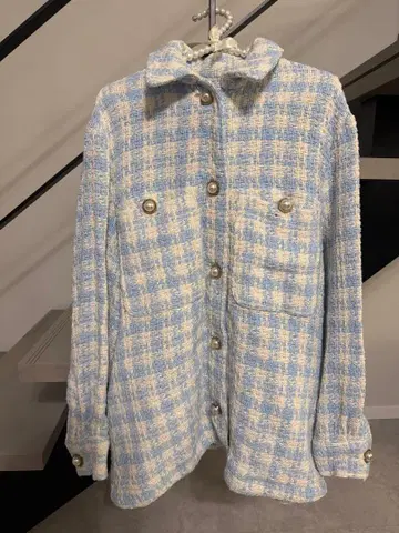 ZARA 자라 하운드투스 체크 스카이블루 펄 버튼 자켓 S 사이즈