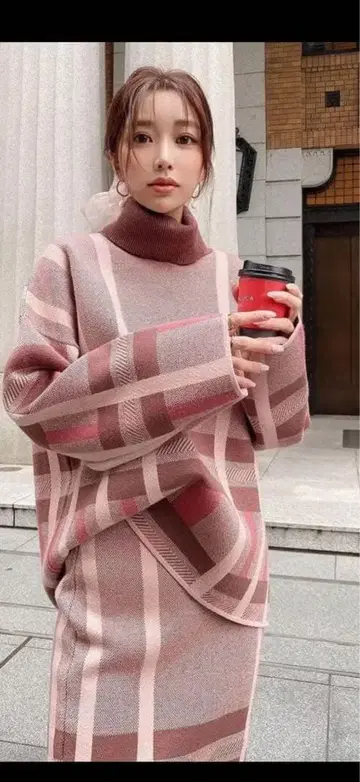 핑크 체크 무늬 니트 셋업