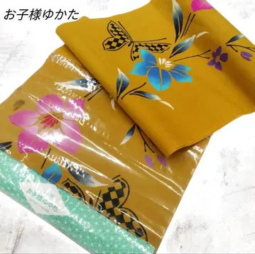 어린이 유카타 옷감 나비 꽃 겨자색 #1364