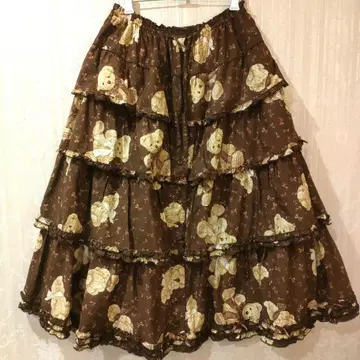 핑크하우스 테디베어 리본 무늬 롱 스커트 브라운