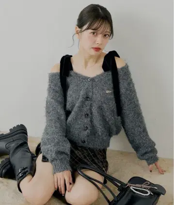 CHICO 벨로아 리본 루즈 니트 가디건