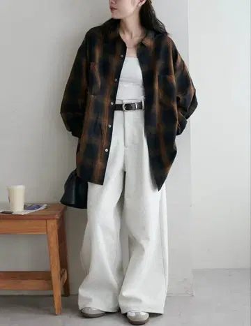 [택 포함 새상품] 디스코트 옴브레 체크 오버 셔츠 브라운