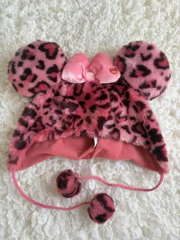 핑크 레오파드 무늬 미키풍 귀도리 모자