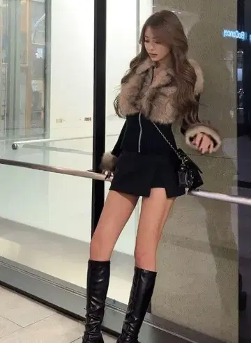 GIENGE Fluffy fur edge knit tops