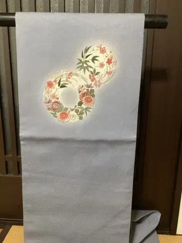 나고야 오비 순수 실크 그레이 바탕 꽃 자수