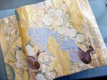 순수 실크 구백금 본금 이중직 산록 공작문 후쿠로 오비