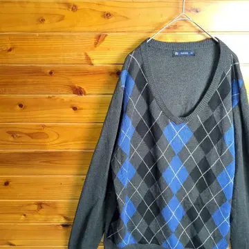 PLUS ONE 플러스원 니트 스웨터 아가일 무늬 XL 브이넥