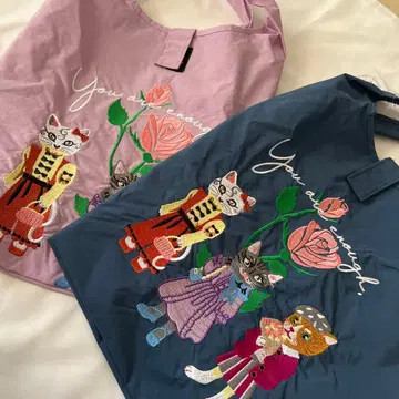 인기 고양이 자수 에코백 2세트 라벤더 네이비