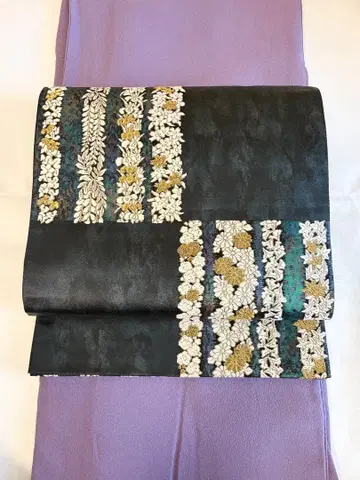 후쿠로 오비 짙은 녹색 오로라 화이트 금 사계절 꽃 M2511286