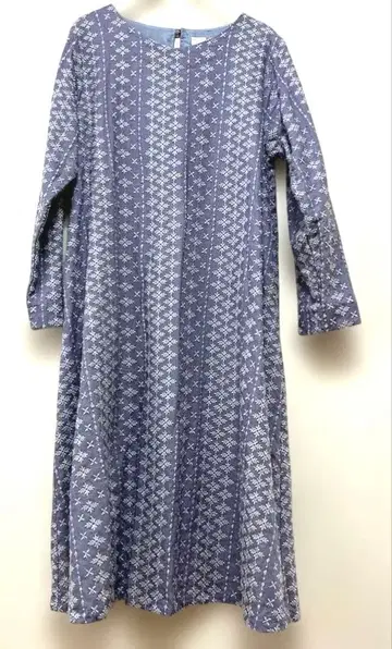 TSUHARU 블루 그레이 기하학 패턴 자수 원피스 린넨 100%