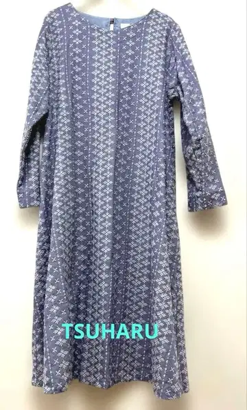 TSUHARU 블루 그레이 기하학 패턴 자수 원피스 린넨 100%