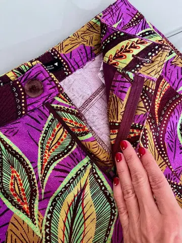 잎 패턴 와이드 팬츠 보라색