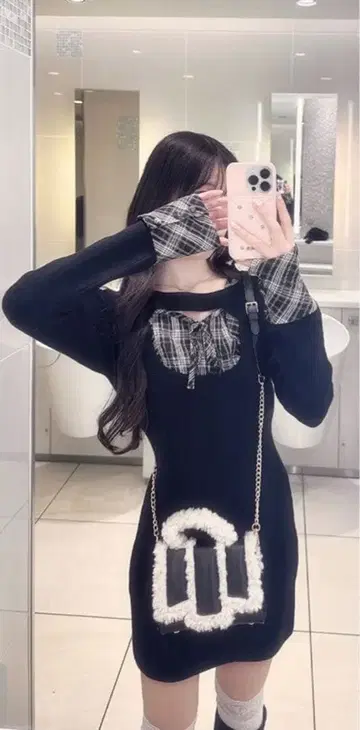 체크 무늬 프론트 오픈 리본 미니 원피스[pm784]