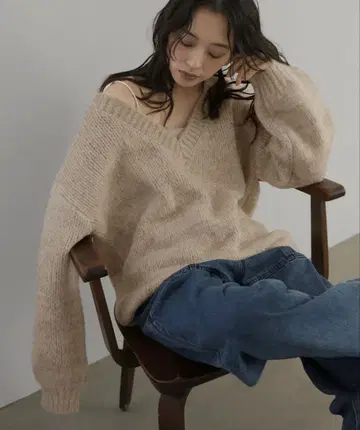 hellam 믹스 V넥 니트 풀오버 아이보리