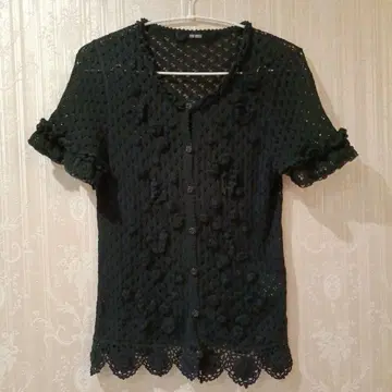 핑크하우스 장미 모티브 시스루 니트 가디건 탱크탑 앙상블 블랙