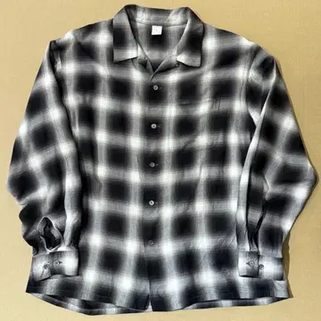 FRONT11201 옴브레 체크 오픈 카라 레이온 셔츠 L 화이트x블랙