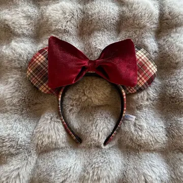 디즈니 머리띠 빨간색 체크 무늬