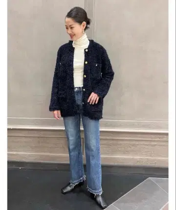 UNITED ARROWS 트위드 메탈 버튼 가디건 네이비