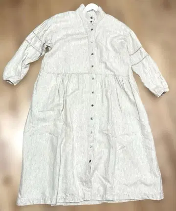 TSUHARU 셔츠 원피스 긴팔 베이지 하프 린넨 자수