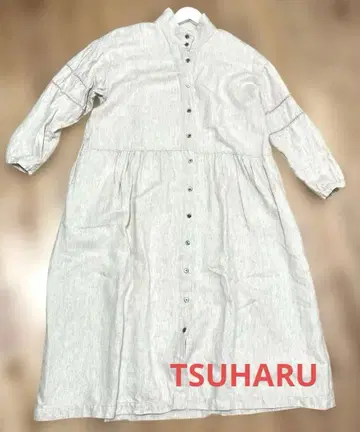 TSUHARU 셔츠 원피스 긴팔 베이지 하프 린넨 자수