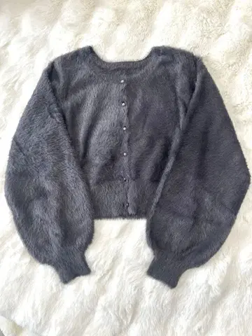 MERCURYDUO 롱 슬리브 미니 샤기 니트 가디건 다크 그레이