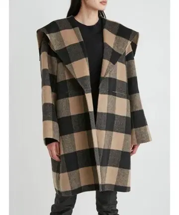 미라 오웬 빅 칼라 접결 샤기 코트 체크 무늬 사이즈 0