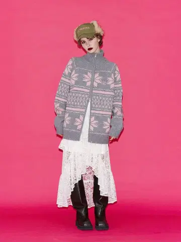 jouetie 노르딕 지퍼 루즈 가디건 핑크