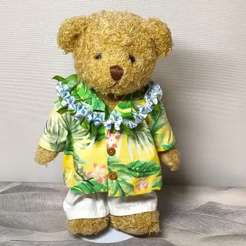 곰 봉제 인형 하와이안 꽃무늬 셔츠 화이트 컬러 바지 일본제