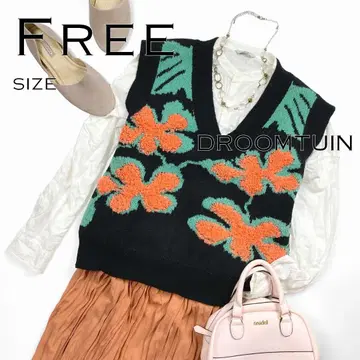 DROOMTUIN 드로옴탄 아크릴 혼방 형광 플라워 무늬 니트 베스트