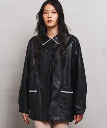 PUBLUX 레이스 부착 페이크 가죽 자켓