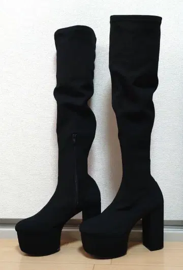 느슨한 경사 힐 통굽 스트레치 니하이 부츠 L ESPERANZA 블랙