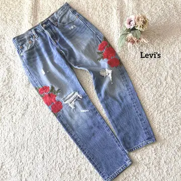 리바이스 501 꽃무늬 자수 데님 라이트 블루 데미지 가공
