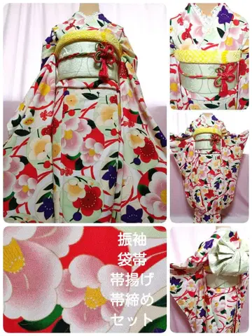 동백 고급 화학 섬유 후리소데 후쿠로 오비 오비 장식 천 허리띠 세트