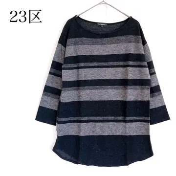 23구 울 100% 보더 무늬 니트 7부 소매 튜닉 기장 체형 커버