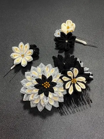 스톤 부착 쓰마미자이쿠 머리 장식 폴리에스테르 크레이프 원단 3종 세트