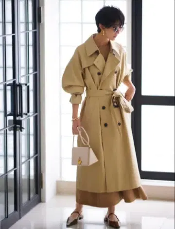 mila owen 트렌치코트 베이지 더블 브레스트 롱 기장 0