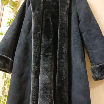 플리스 후드 부착 롱 코트 네이비