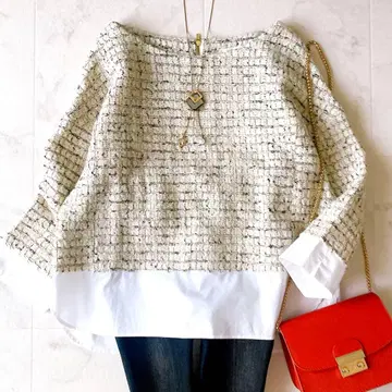 새상품급 비어즐리 레이어드 스타일 트위드 콤비 풀오버 이소재