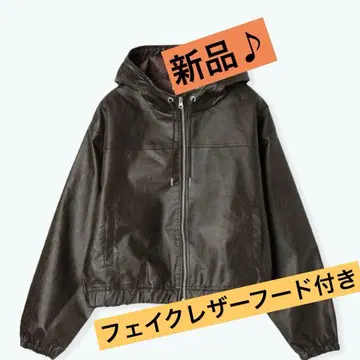 새상품 인조 가죽 후드 부착 블루종