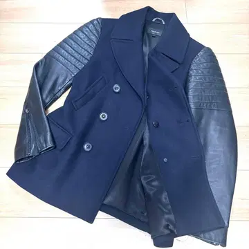 맥케이지 피 코트 가죽 절개 캐시미어 혼방 레어 디자인 36 S