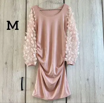 시스루 원피스 [M] 꽃무늬 디자인 긴팔 핑크 드레스 무릎 기장 파티