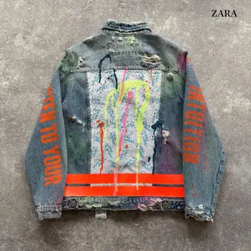 [ ZARA ] 자라 데미지 크러쉬 페인트 가공 데님 자켓