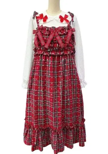 나일 퍼치 하트 글리터 프린트 타탄 체크 원피스