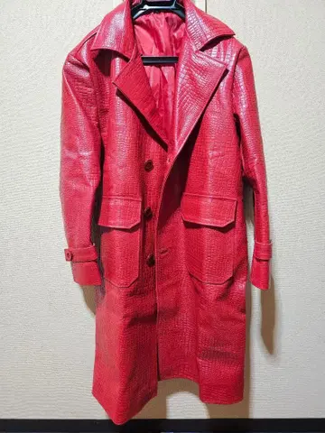 남성용 빨간색 가죽 크로커다일 패턴 롱 체스터 코트 XXL