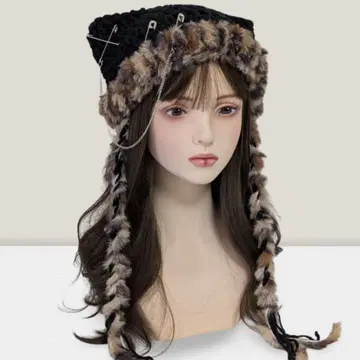 핸드메이드 고양이 귀 니트 모자 블랙 레오파드 무늬 y2k 체인