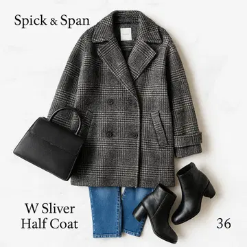 새상품급 Spick & Span W 슬리버 하프 코트 체크 36