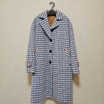 파랑과 화이트 체크 무늬 롱 코트 M 사이즈