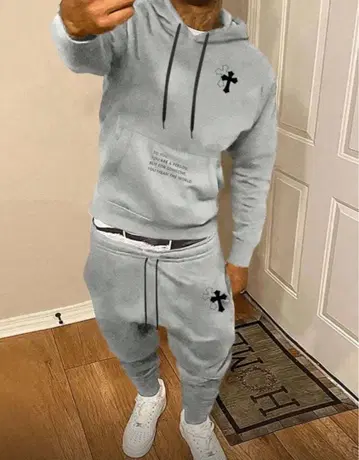 그레이 후드 부착 맨투맨 크로스 자수 셋업 야리라 양키